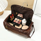 Leather Travel Toiletry Bag for Men Women, Large Capacity Cosmetic Organizer with Hanging Hook, Waterproof Makeup Storage Bag Po