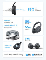 Baseus Bass EH10 NC Wireless Headphones Bluetooth 6.0 Noise Canceling 45dB Over Ear HeadsetSpatial Audio Earphone 80H Time