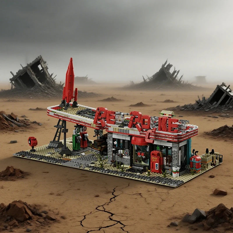Movie Game Red Abandoned Gas Station Architecture Doomsday House Modular Building Blocks Model Kit Adult DIY Gift 2221PCS