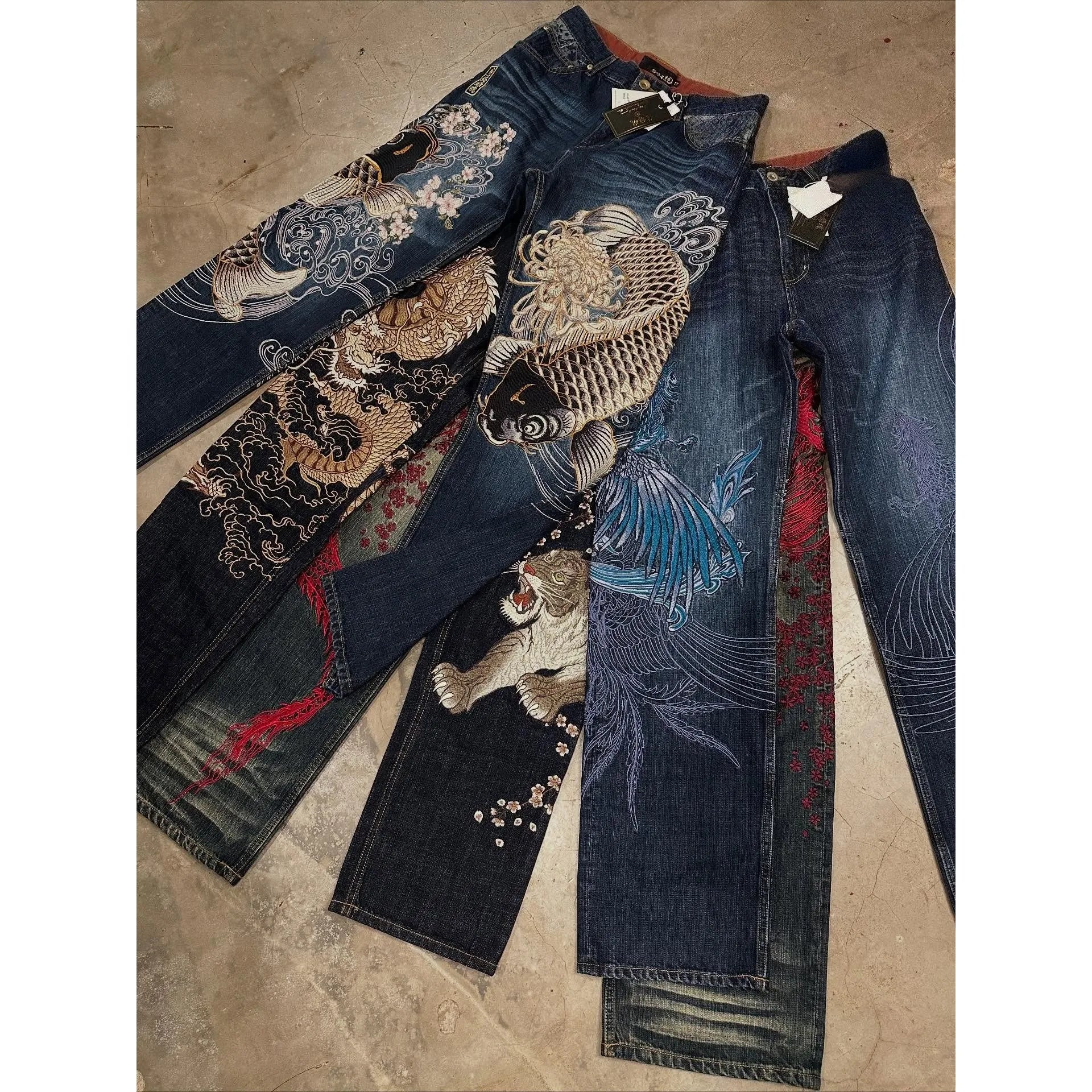 Harajuku Dragon & Snake Embroidered Wide-Leg Jeans