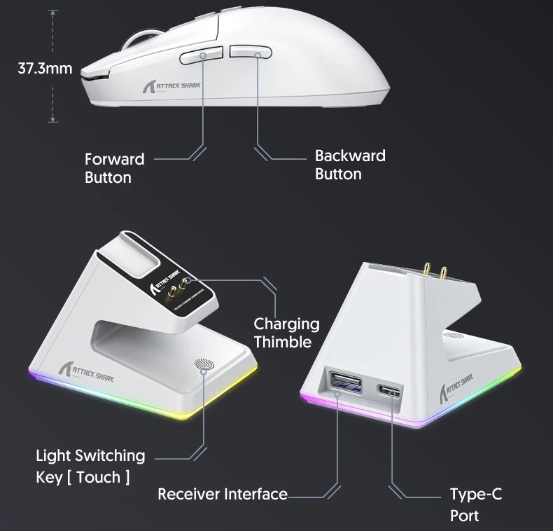 Attack Shark X6 Wireless Mouse RGB Touch Magnetic Charging Base PAW3395 Tri-Mode Connection Macro Gaming Mouse