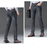 OUSSYU Brand Classic Retro Blue Men's Jeans Denim Pants Work Streetwear Straight Stretch Business Autumn Winter Cotton Trousers