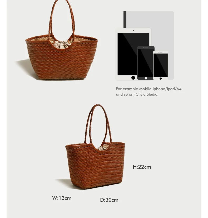 Leather woven bag, large-capacity women's tote bag, holiday leisure top layer cowhide shoulder bag, vegetable basket bag.
