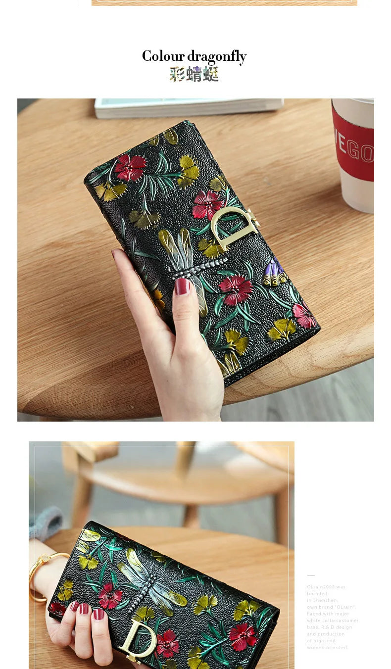 Genuine Leather Purse Wallet Female 3d Embossing Ladies Personality Retro Long Clutch Wallet Women Purse Coin Holders