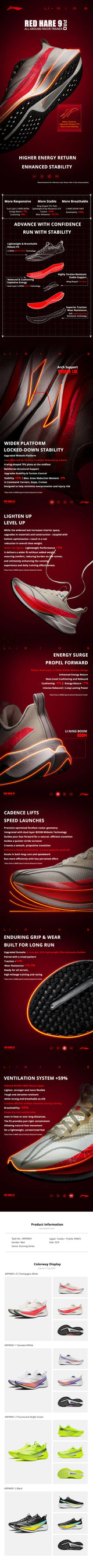 Li-Ning Men's RED HARE 9 PRO Racing Running Shoes BOOM Cushion Rebound Breathable Reflective LiNing Stable Sneakers ARPW001