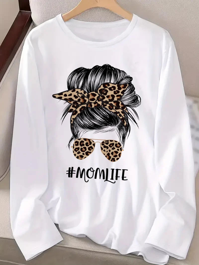 Women's Y2K Leopard Glasses Bow Portrait Long Sleeve T-Shirt