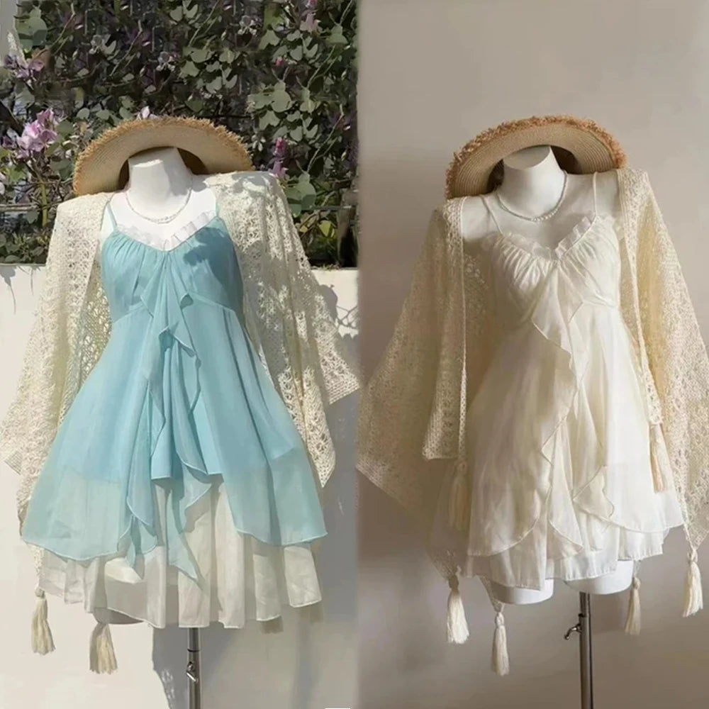 Casual Beach Style 2 Piece Skirt Sets Women Y2k Crop Top Vest + Mini Skirts Sweet Elegant Kawaii Vintage Suits Korean Fashion