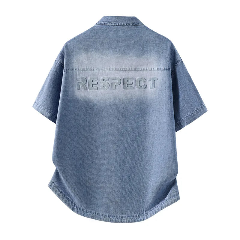 Men's Casual Black Denim Shirt Short Sleeve Loose Fit Gradient Washed RESPECT Embossed Summer Streetwear Button Up Blouse