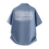 Men's Casual Black Denim Shirt Short Sleeve Loose Fit Gradient Washed RESPECT Embossed Summer Streetwear Button Up Blouse