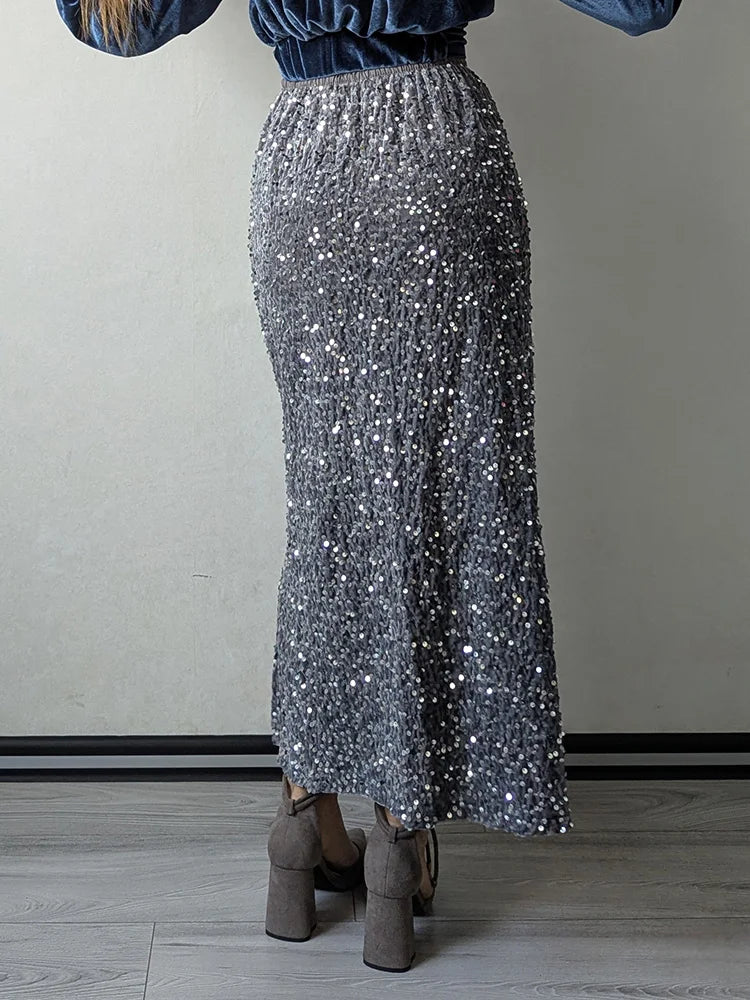 High Waisted Sequin Maxi Skirt Women Elegant Shiny Straight Skirts With Slit Summer Spring Black Long Sequin Skirt For Women