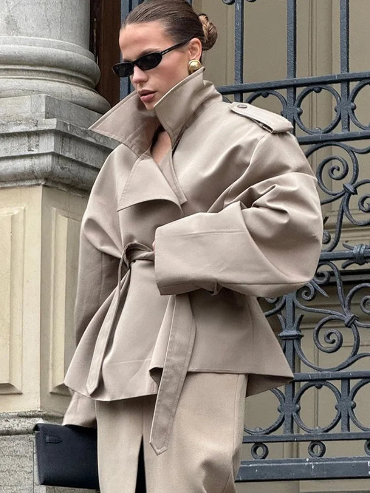 Elegant Lapel Lace-Up Overcoat