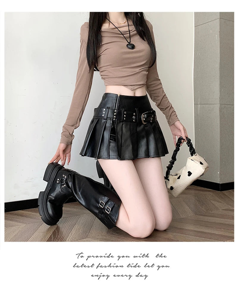 Women's Black Gothic Pleated Faux Leather Mini Skirt