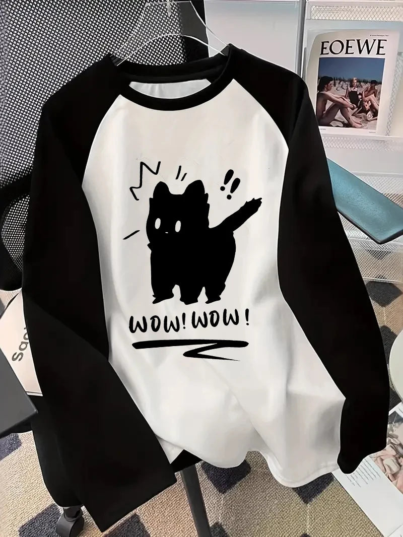 Black Cat Graphic Long Sleeve T-Shirt - Casual Crew Neck Fall/Winter Tee