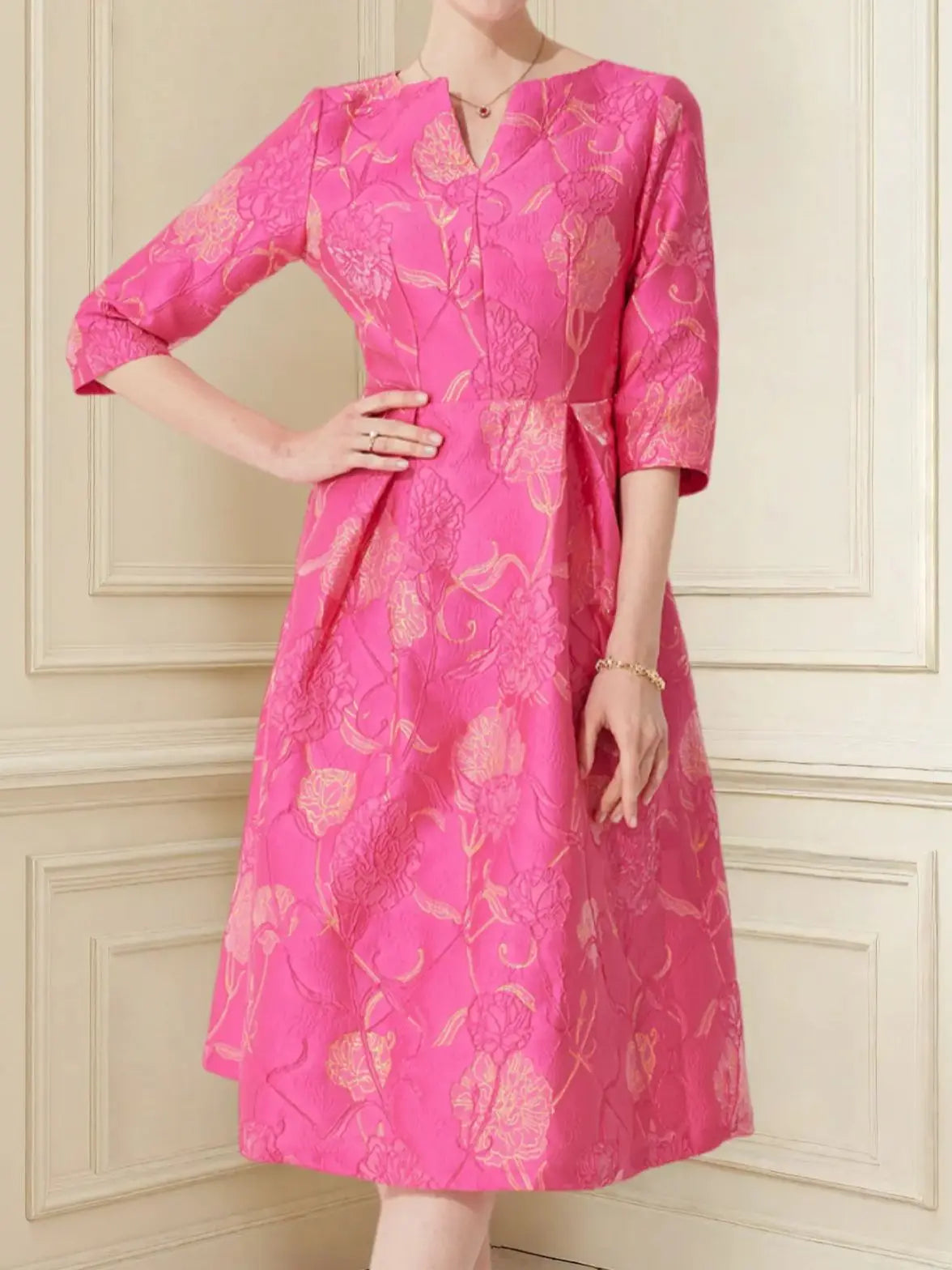 Women's Rose Jacquard V-Neck A-Line Party Dress