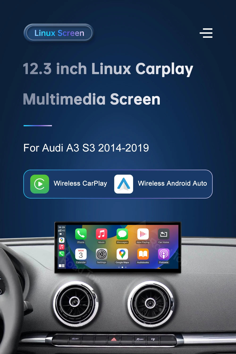 Road Top 12.3" Touchscreen Display for Audi A3 2014–2019 LHD