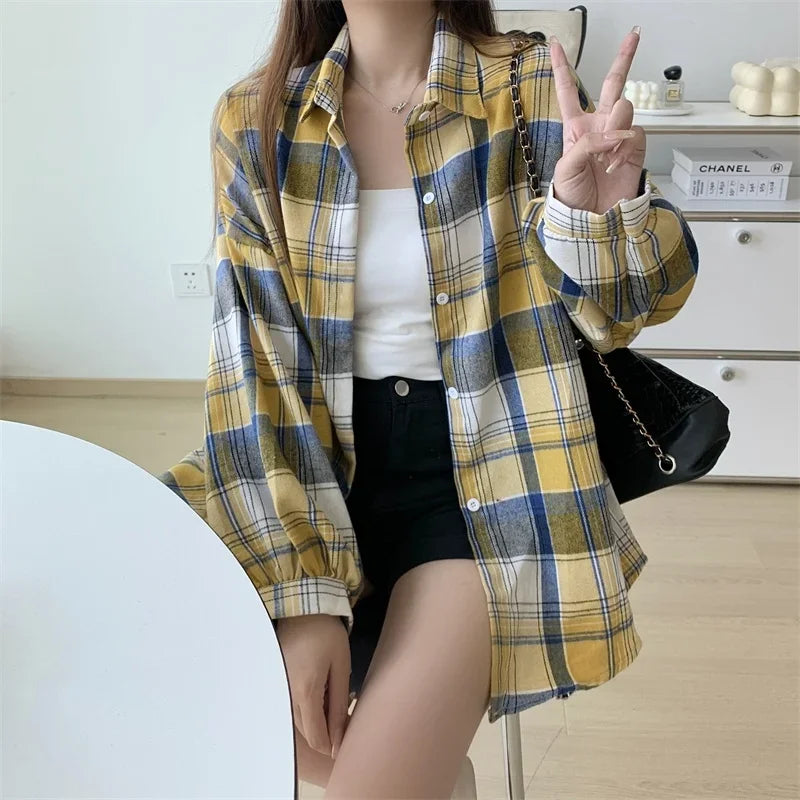 Vintage Plaid Long-Sleeve Blouse