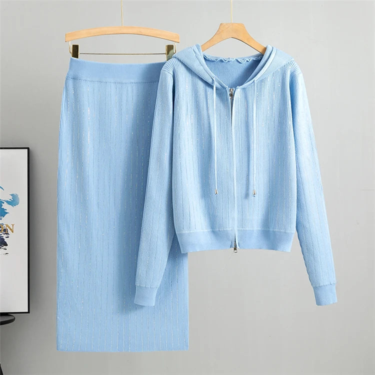 2025 new women's Knitted Cardigan High Waisted Buttocks Wrapped  Skirt 2 Piece Suits Luxury Hot Diamond Fashion Sets