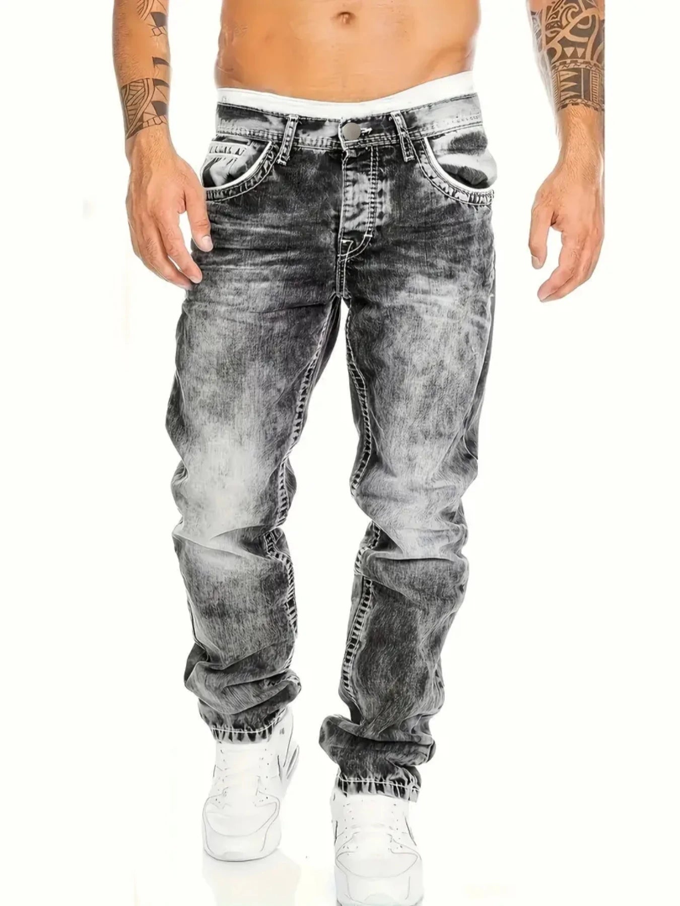 European American Jeans Men's Autumn New Slim Elastic Trousers Fashionable Vintage Wash Denim Pants Male Streetwear