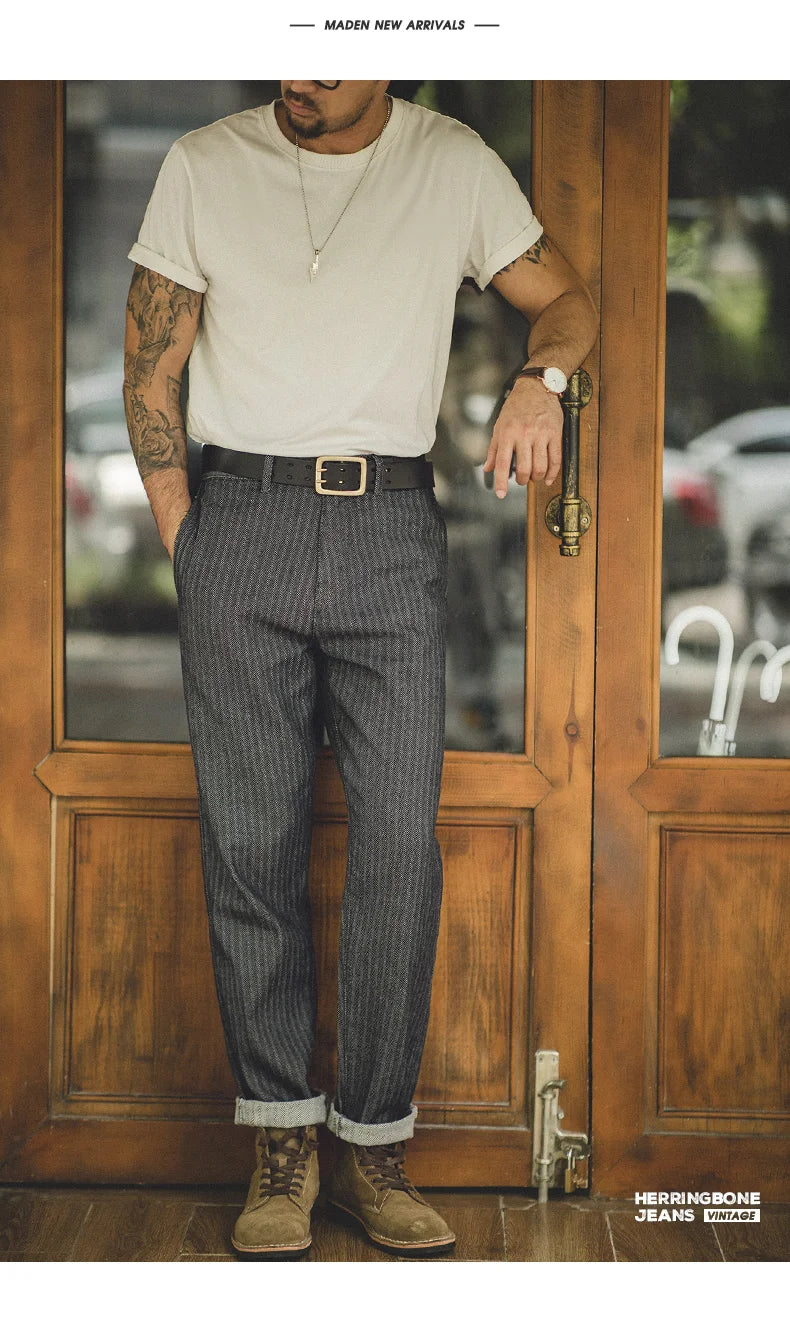 Maden Retro 12.8oz Grey Striped Jeans Straight Fit Zip Fly with Pockets Versatile Herringbone Trousers for Men's Spring and Fall