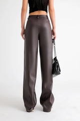 Women's High Waist Faux Leather Wide Leg Fleece Pants