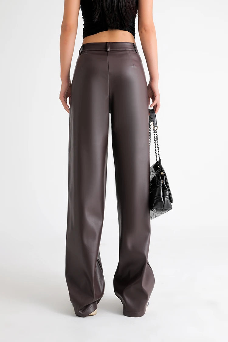 Women's High Waist Faux Leather Wide Leg Fleece Pants