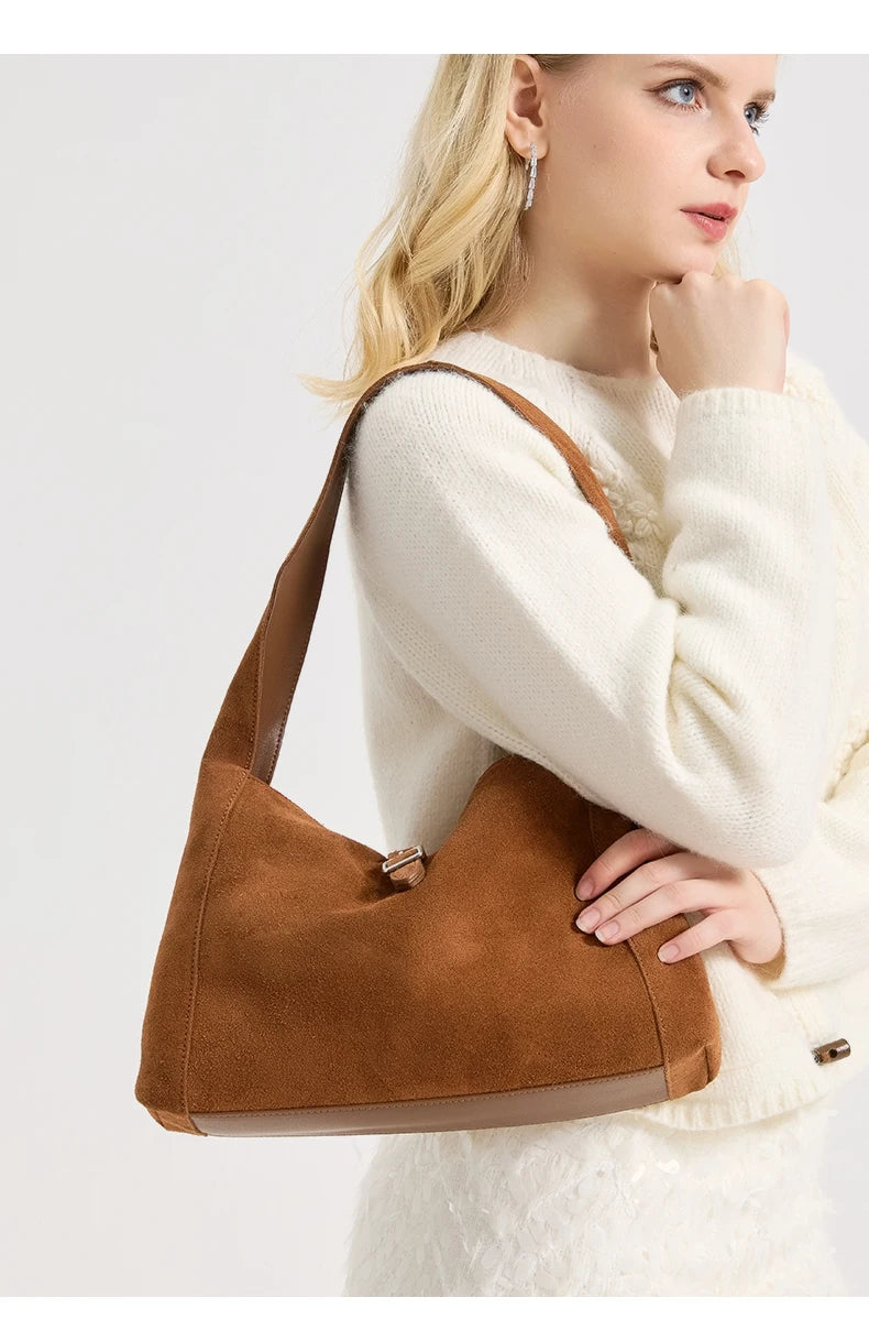 New Winter Women's Natural Suede Leather Bags Female Soft Cowhide Durable Crossbody Shoulder Bag Ladies Fashion Commute Handbags