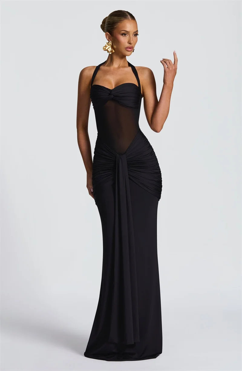 Women’s Halter Backless Maxi Dress – Off-Shoulder Ruched Bodycon Club Party Gown