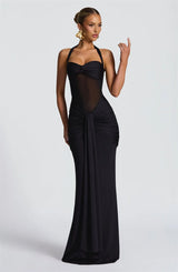 Women’s Halter Backless Maxi Dress – Off-Shoulder Ruched Bodycon Club Party Gown