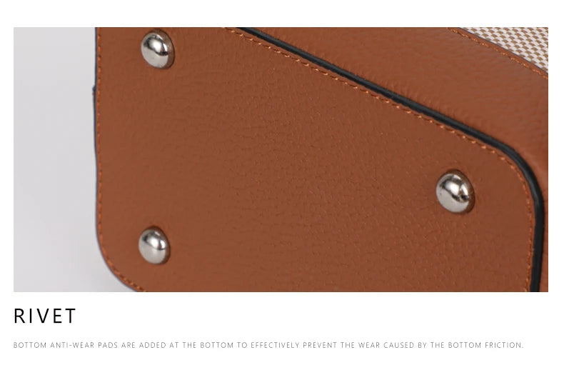 New canvas paired with cowhide women's shoulder crossbody bag, fashionable plaid pattern bucket bag
