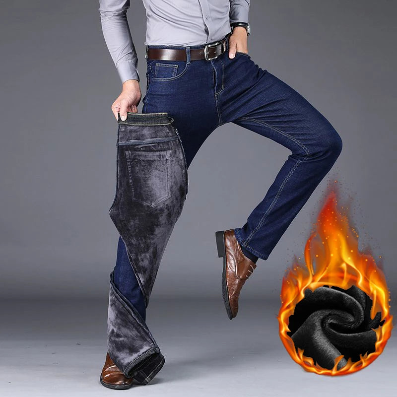 Men Autumn Winter Fleece Lined Thickened Jeans Male Business Straight Leg Loose High Waist Denim Pants Stretch Casual Trousers