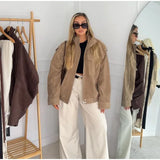 Brown Retro Suede Lapel Zippered Short Jackets Women's Casual Full Sleeves Pocket Loose Coats 2026 Spring Daily Commute Outwear