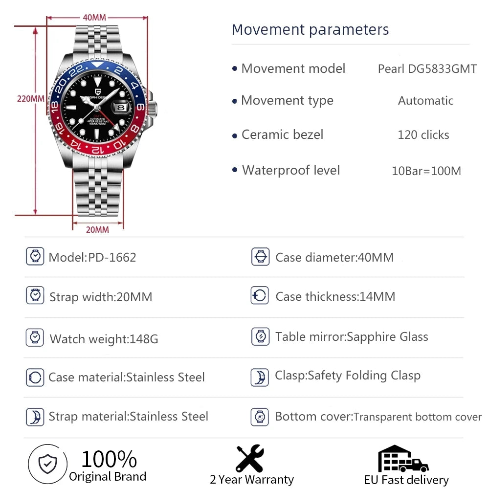 PAGANI DESIGN GMT Automatic Watch — Sapphire Crystal, 10-Bar Waterproof, 40mm
