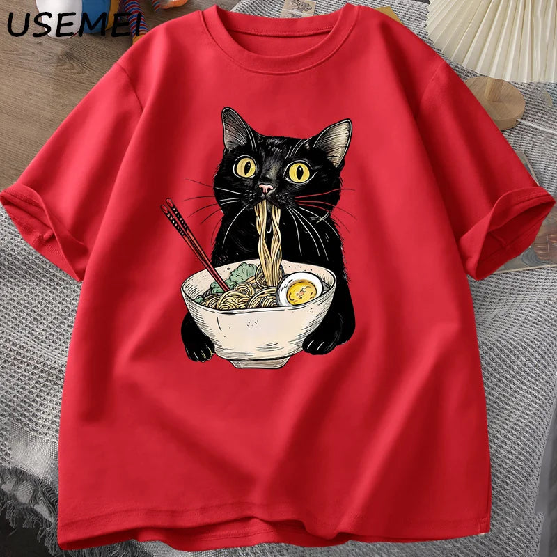 Noodle Ramen Cat T-Shirt Foodie Lover T Shirts Black Cat Noodle T-Shirts Retro Casual Short Sleeve Tshirt for Men Women Clothes
