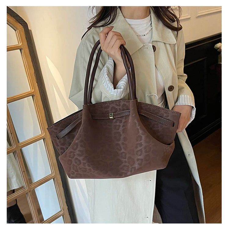 2025 Leopard Print Suede Women Tote Bag with Inner Pocket Underarm Bag Large Capacity Satchel Bag for Work Travel Purses Handbag