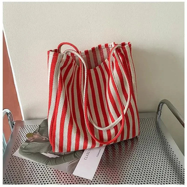 Female Casual Multifunctional Travel Top-handle Handbag Large Capacity Canvas Women Shopper Tote Simple Striped Shoulder Bag2025