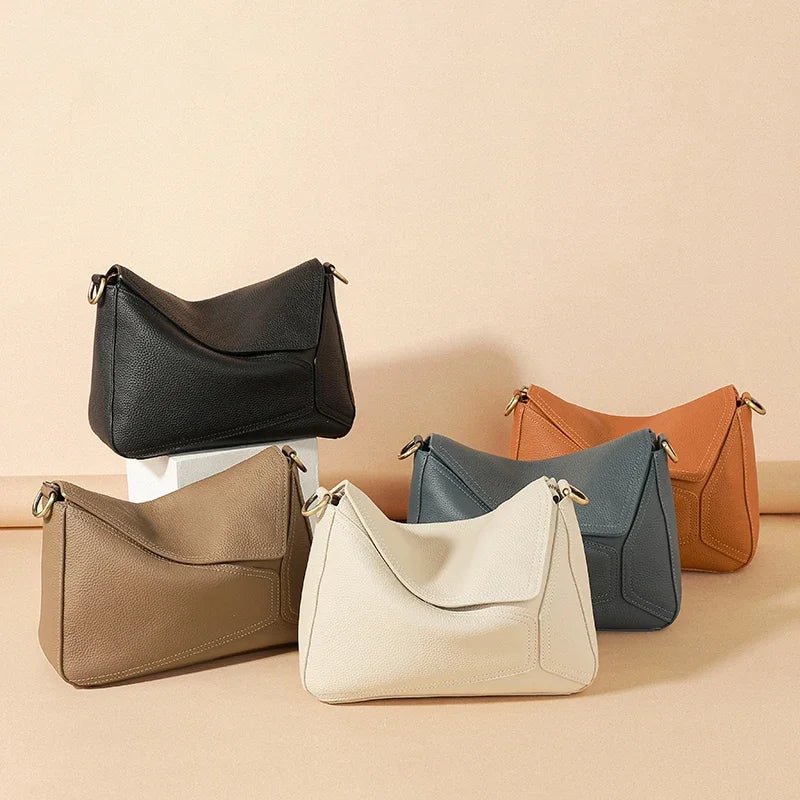 Pure 100% Cowhide Leather Women's Geometric Solid Color Shoulder Bag For Ladies Large Capacity Pillow Crossbody Handbag Luxury