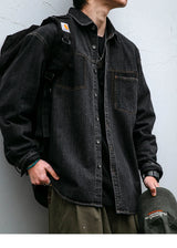 Mens High Quality Custom Weave Slub Deconstructed Patchwork Denim Shirt Trendy Distressed Wash Streetwear Casual Long Sleeve