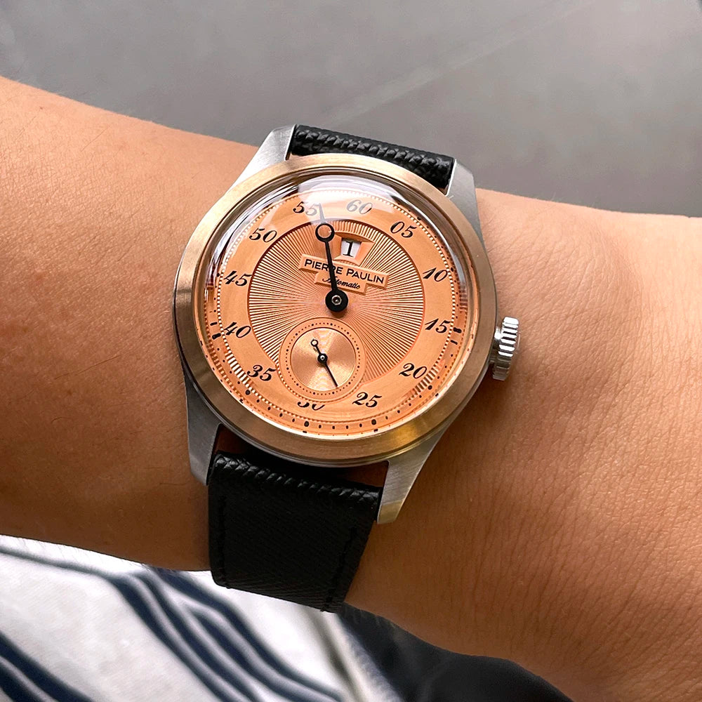Pierre Paulin Jumping Hour Watch for Men Bronze Ring Vintage Salmon Dial Automatic Watches Reloj Hombre