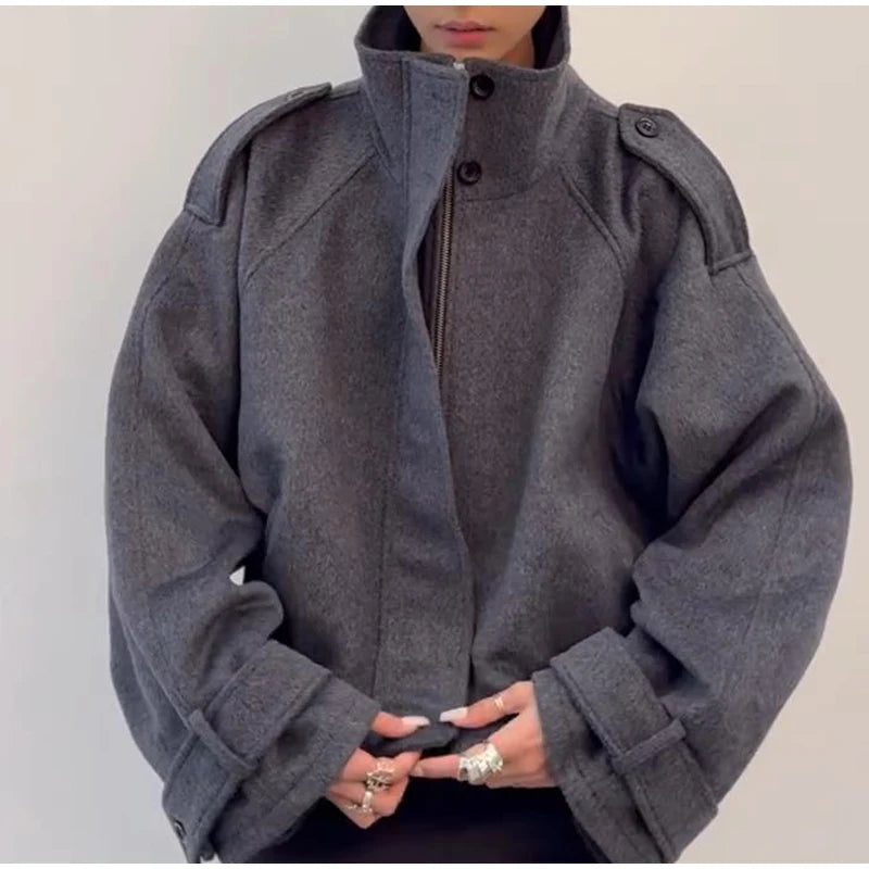 Fashion Short Woolen Coat Women Stand Collar Single-breast Full Sleeve Loose Pocket Jacket Female 2026 Autumn Solid Lady Outwear