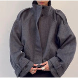 Fashion Short Woolen Coat Women Stand Collar Single-breast Full Sleeve Loose Pocket Jacket Female 2026 Autumn Solid Lady Outwear
