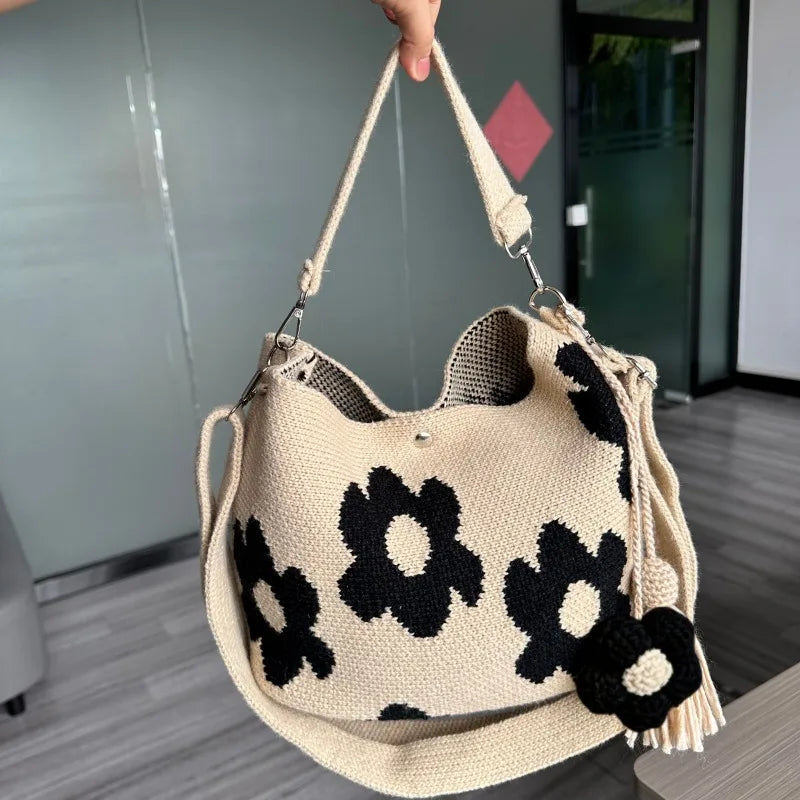 Handmade Crochet Bag Flower Tote Knit Floral Purse Bag, Boho Woven Beach Handbags Crossbody Shoulder Bag for Women Vacation