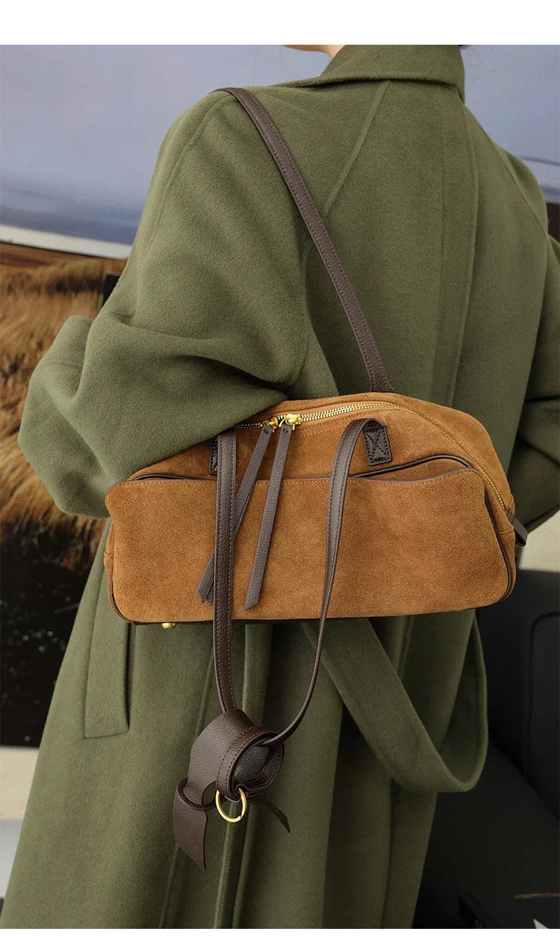 Ladies Casual Soft Suede Cowhide Handbags Women's Frosted Cow Leather Shoulder Bag Female Fashion Trend Luxury Designer Bags New