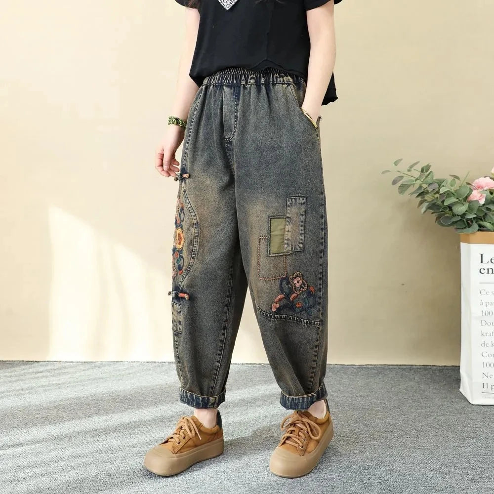 Women's Retro Embroidered High-Waist Jeans