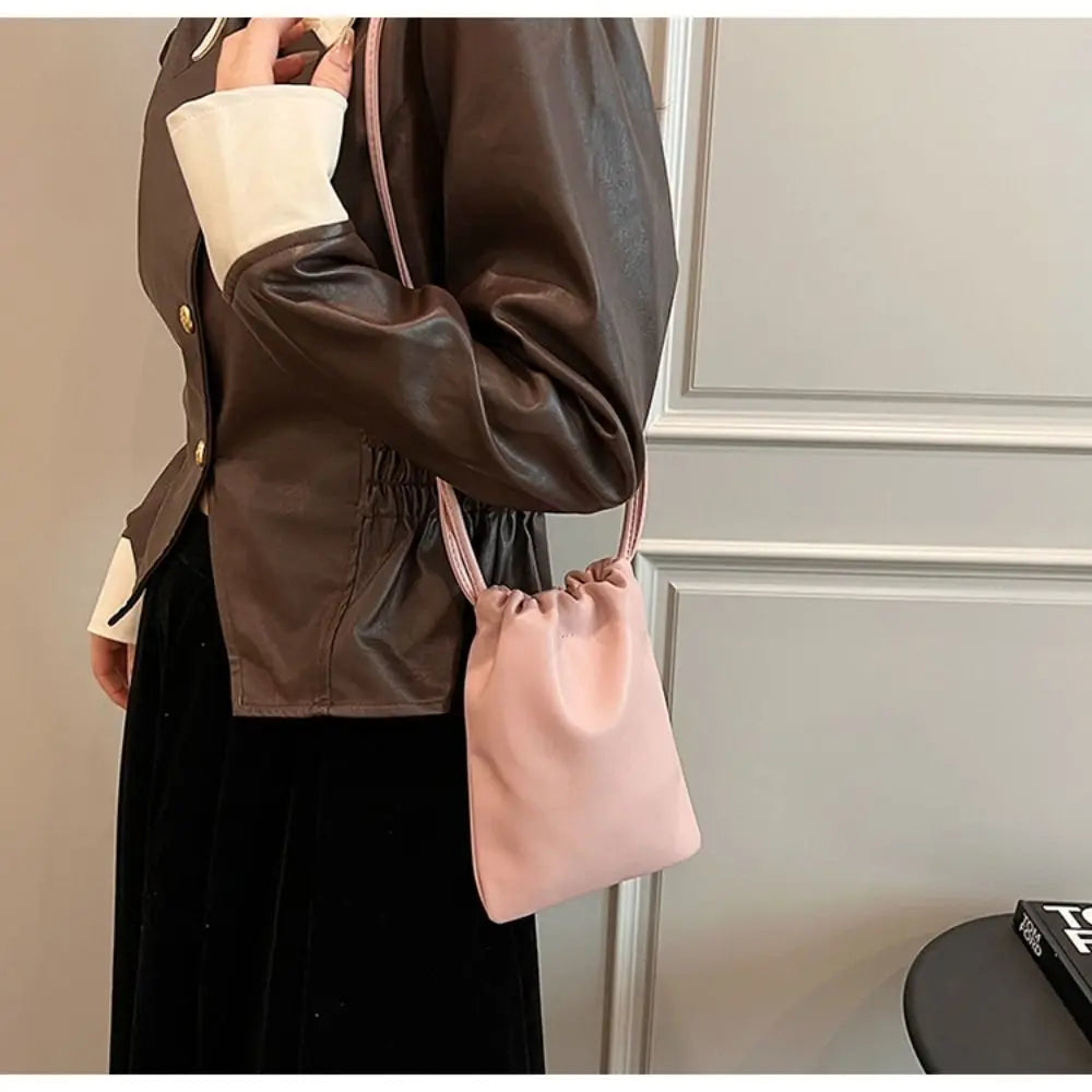 Portable Pu Leather Women Handbags Solid Flap Large Capacity Crossbody Bags Candy Color Mini Bucket Bag