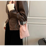 Portable Pu Leather Women Handbags Solid Flap Large Capacity Crossbody Bags Candy Color Mini Bucket Bag