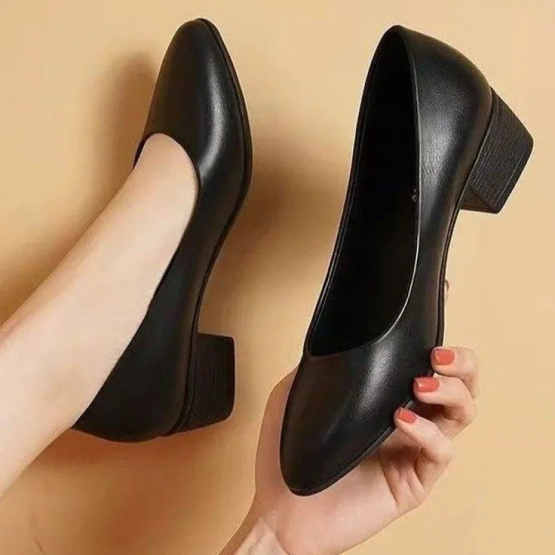 2025 New Arrival Women's Low-Heel Pumps Black Genuine Leather Formal Shoes Slip-On Commuter Comfortable Mid-Heel