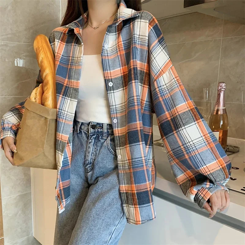 Vintage Plaid Long-Sleeve Blouse