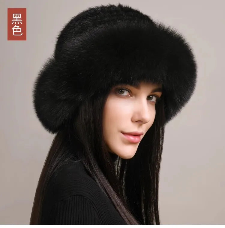 Genuine Knitted Mink Fur Hat with Fox Fur Brim