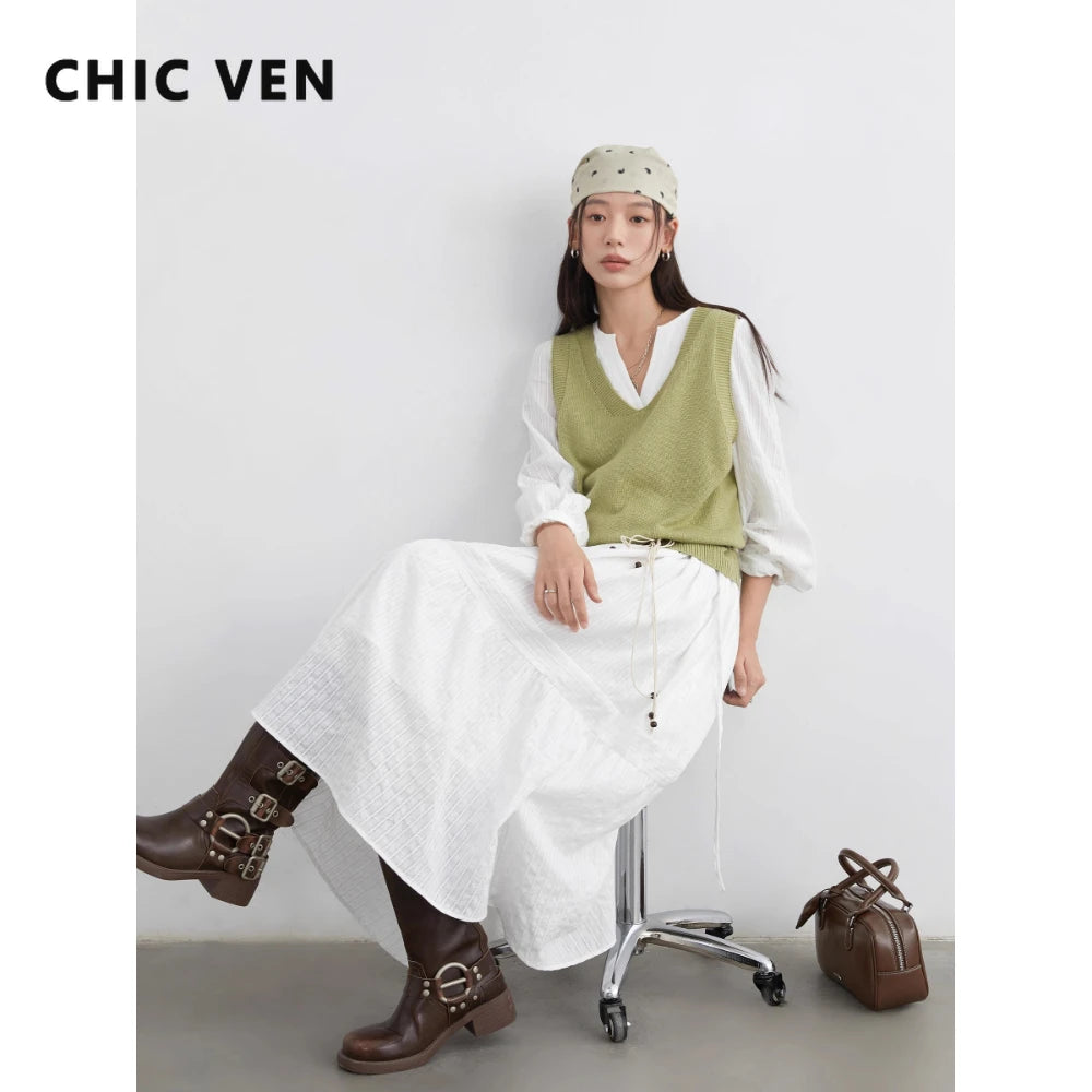 CHIC VEN Women Dress Sets A Line Long Sleeve Solid Loose Casual Female Long Dress with Knitted Vest Spring Autumn 2026