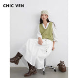 CHIC VEN Women Dress Sets A Line Long Sleeve Solid Loose Casual Female Long Dress with Knitted Vest Spring Autumn 2026